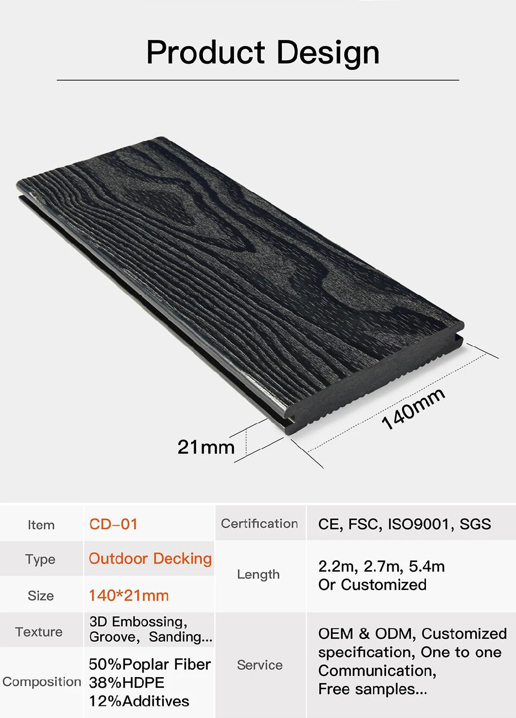 WPC Decking Antiseptic Wood Flooring, Wood Plastic Composite PE Outdoor Decking Flooring 140*23mm